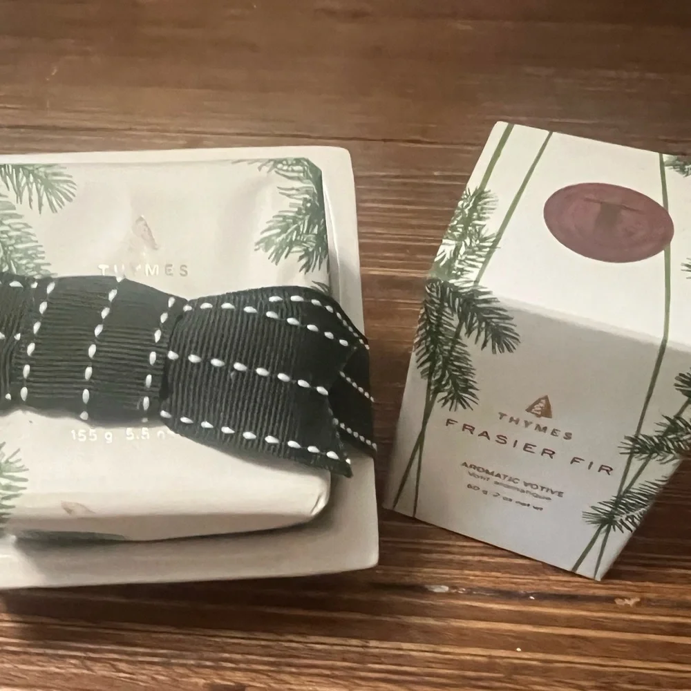 🆕🌲Thymes Frasier Fir Votive Candle and Soap with Wooded Pattern Soap Dish 🌲🆕